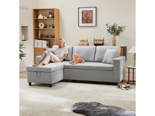 Canapé d'angle droit fixe Qualité haut de gamme 2 places Tissu gris avec coffre de rangement