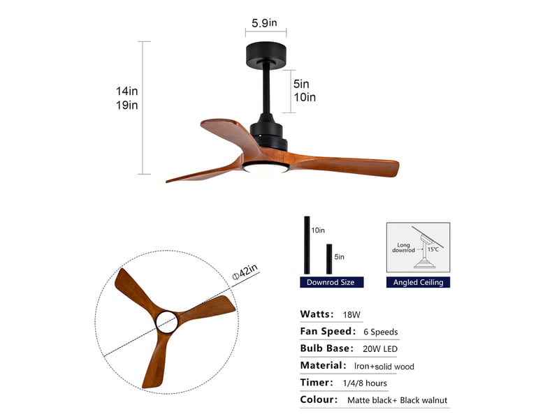  Ventilateur de plafond neuf de 107 cm (42 pouces) avec éclairage, 3 pales en bois massif, double commande intelligente (télécommande + interrupteur mural), moteur cc réversible avec fonction mémoire, ventilateur de plafond silen…  - Conforama E