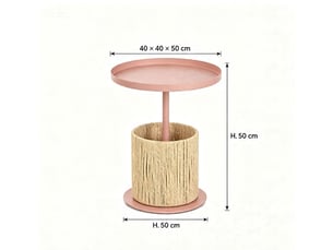 Table d'appoint ronde 40x40x50cm fer+fibre tressée -rose mat,ambiance douce pour chambre et salon