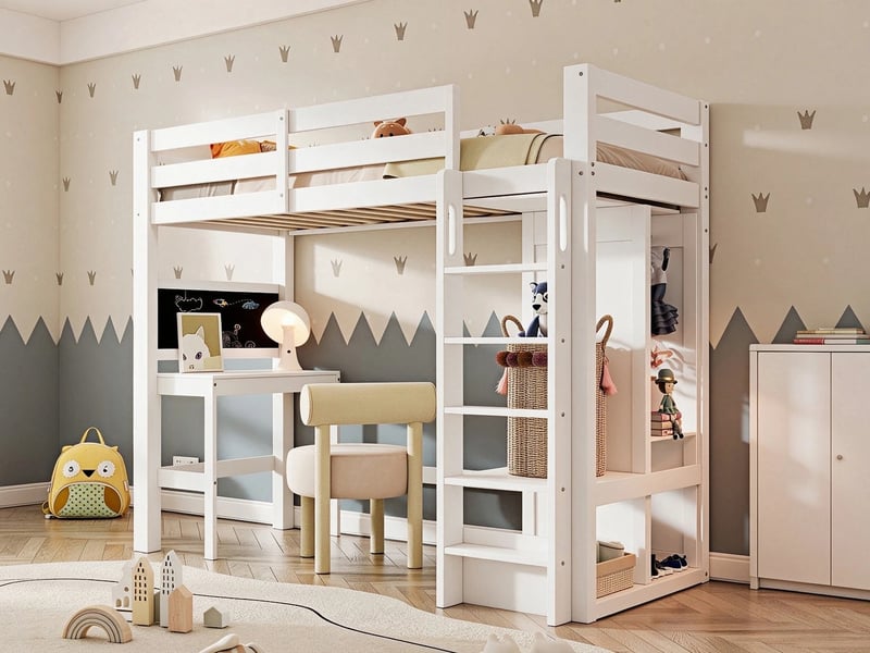 Lit mezzanine, 90 x 200 cm, vec bureau, penderie ouverte et étagères, barrière de sécurité, blanc - Conforama B