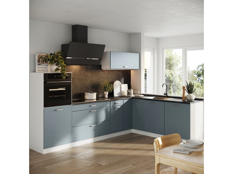  Vicco cuisine en angle, bleu-grisblanc, 287 x cm sans plan de travail  - Conforama C