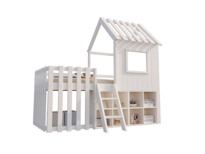 Lit cabane enfant 90x200 cm avec multiples rangements et échelle d'escalade, en bois, blanc, sans matelas - Conforama A