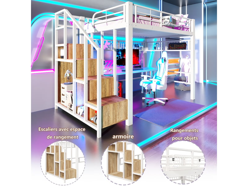  Lit mezzanine lit haut 140x200 cm avec tiroirs, rangements intégrés, led et échelle ou escalier, structure métal, blanc  - Conforama D