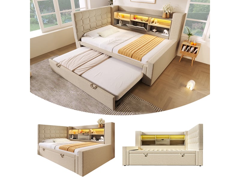 Lit avec rangement en lin et métal beige 90x200 cm - Conforama E