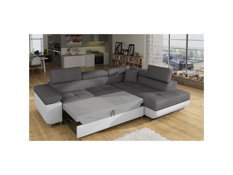  Canapé d'angle convertible menton gris clair et blanc – 4 places avec coffre  - Conforama D