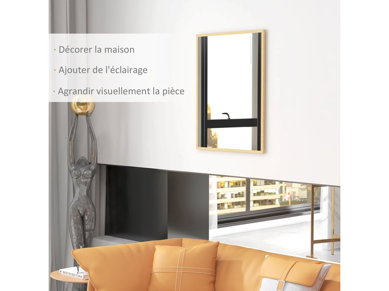  Miroir mural rectangulaire 90 x 70 cm, cadre en bois, idéal pour la salle de bain, naturel, salon ou chambre  - Conforama D