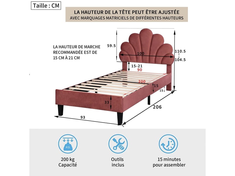 Lit enfant 90x200 cm en velours, lit simple rembourré avec sommier à lattes, tête de lit en forme de pétale réglable en hauteur, cadre de lit capitonné pour enfants et adolescents, rouge  - Conforama C