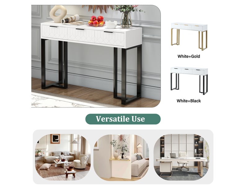  Console avec tiroirs, structure en métal doré, pieds réglables et poignées élégantes pour salon, entrée et bureau  - Conforama E