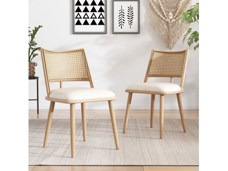  Lot de 4 chaises de salle à manger beige, assise en pu et dossier en rotin  - Conforama D