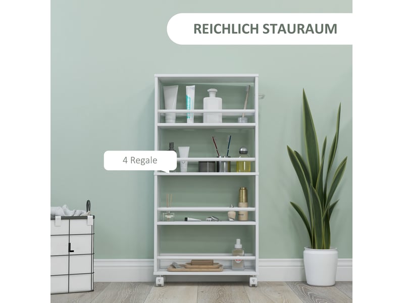  Desserte étroite 45 x 15 x 91 cm blanche en panneaux de particules, 4 niveaux sur roulettes avec freins  - Conforama B