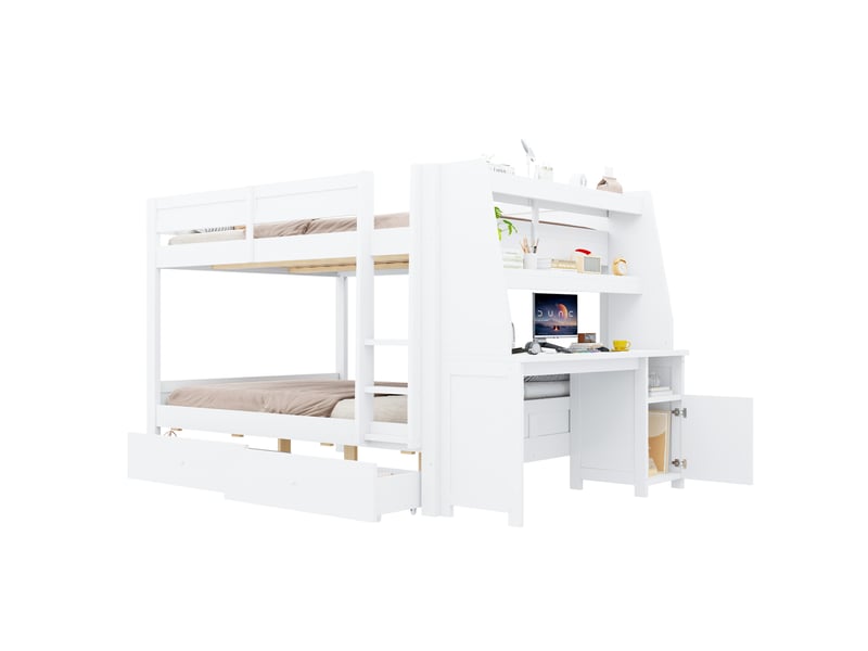  Lit superposé 140 × 200 cm 2 couchages avec bureau, rangements et 2 tiroirs, sans matelas, structure en bois blanc  - Conforama A