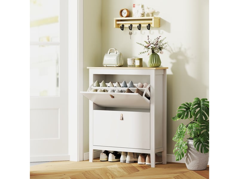  Meuble à chaussures 14 paires, armoire à chaussures avec 2 tiroirs rabattables, étagères amovibles et réglables, blanc  - Conforama B
