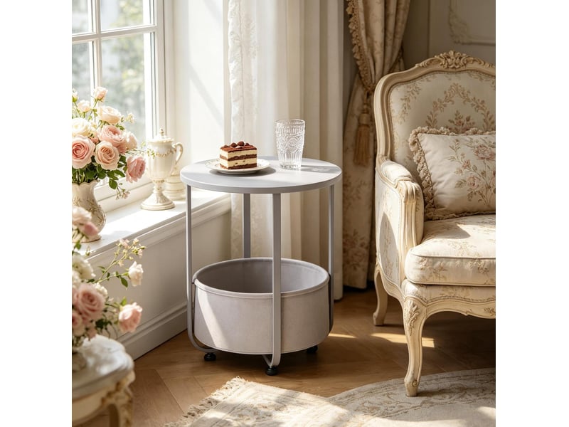  Table basse avec panier de rangement et structure en métal, plateau rond mélaminé pour salon gris 45 × 45 × 50 cm  - Conforama B