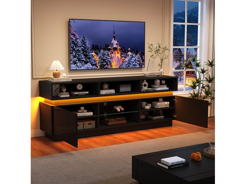 Meuble tv avec led, 2 portes et 10 niches, plateau en verre trempé, pour salon en mdf noir 160 × 35 × 60 cm - Conforama D