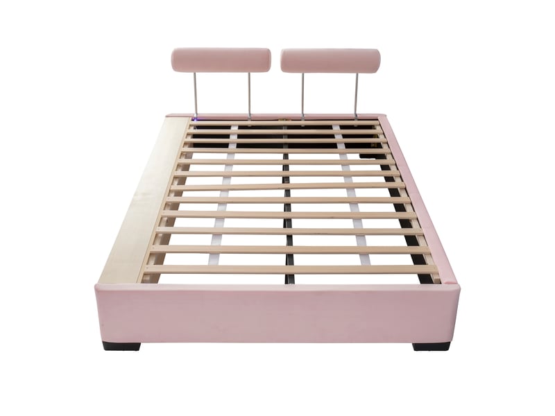  Lit enfant rose capitonné, lit junior avec étagère latérale led, espace de rangement ouvert, têtes de lit modulables et fixables sur 3 côtés, lit bas pour chambre d'enfant, 140 x 200 cm  - Conforama D