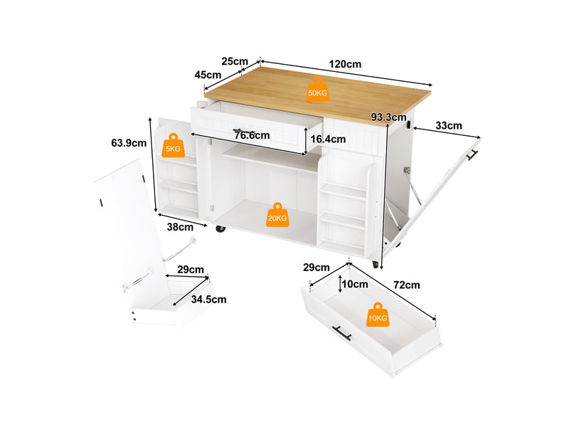  Îlot de cuisine mobile 130 x 70 x 93 cm, plateau rabattable, mdf blanc  - Conforama C
