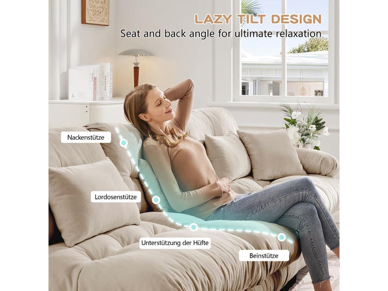 Canapé nuage d'angle modulable 3 places 313x145x81 cm avec pouf mobile, assise profonde, accoudoirs arrondis, chenille light coffee Radiant Stride - Conforama E