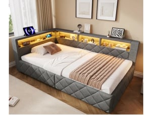 Canapé-lit, 90 x 200 cm, rangement hydraulique, avec bandeau led, avec port usb, sans matelas, lin