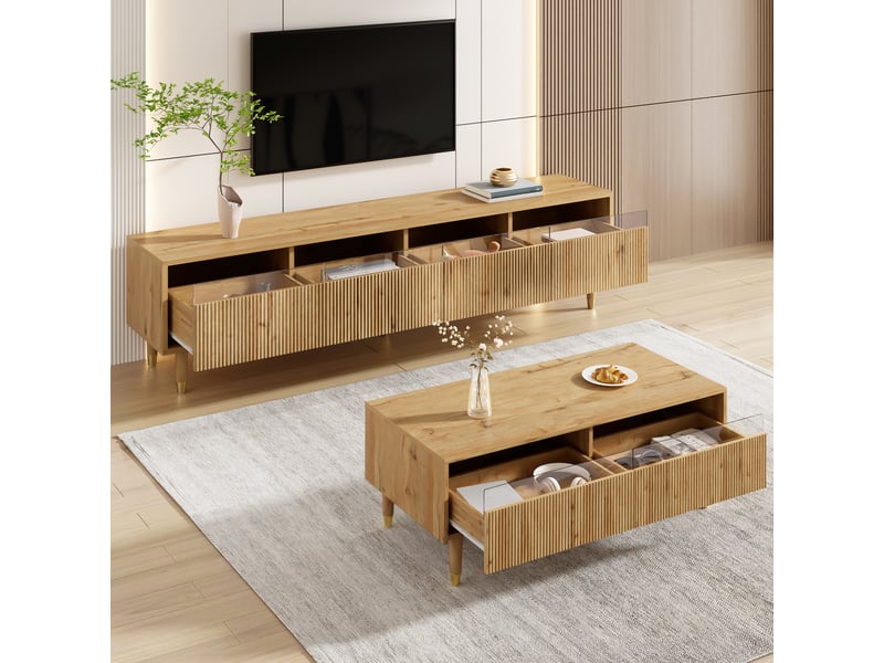  Meuble tv 4 portes et table basse 2 tiroirs, bois doré, façade ondulée, éclairage led intégré  - Conforama B