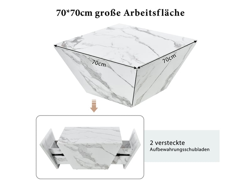  Table basse carrée 70x70 cm effet marbre blanc avec 2 tiroirs de rangement mdf  - Conforama C