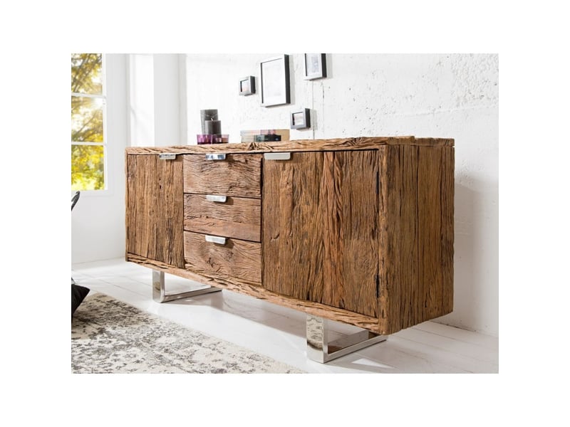  Buffet rafta 160 cm en bois massif de teck – 2 portes, 3 tiroirs et pieds en acier argenté  - Conforama B