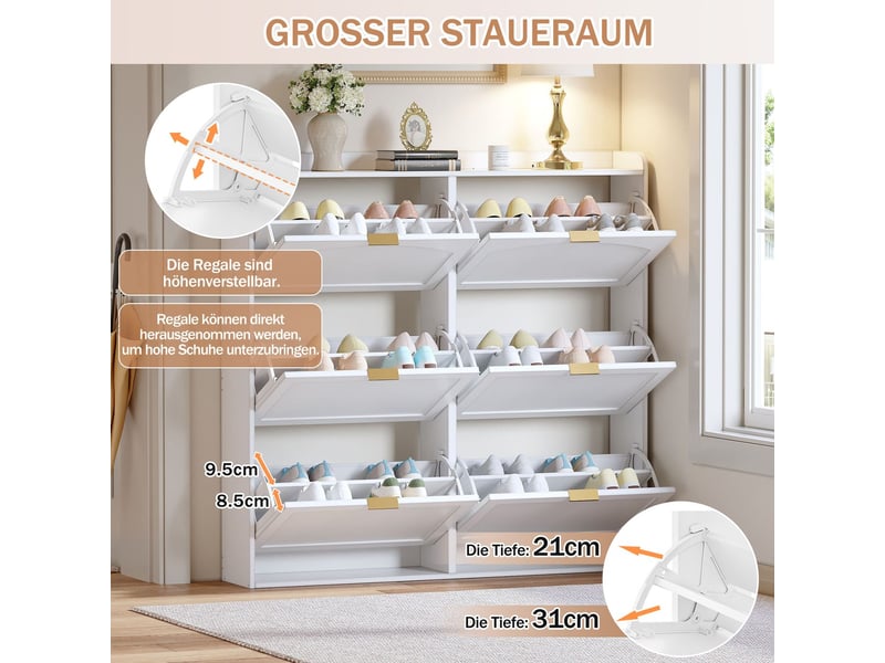  Meuble à chaussures basculant 120x20x120, armoire à chaussures 6 abattants, commode haute fermée, blanc, format compact  - Conforama E