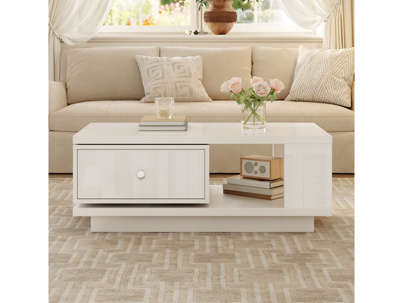  Table basse rectangle 90x48x35 cm avec tiroir rotatif finition brillante couleur blanc  - Conforama B