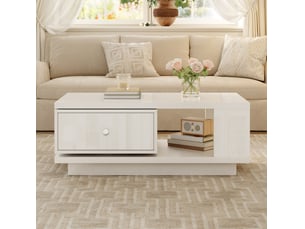Table basse rectangle 90x48x35 cm avec tiroir rotatif finition brillante couleur blanc