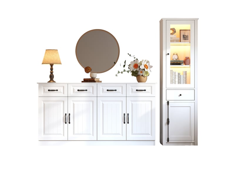  Ensemble buffet et vitrine 160x35x80+55x40x200 cm, avec led, portes vitrées, vaisselier, rangement de salon, mdf blanc  - Conforama A
