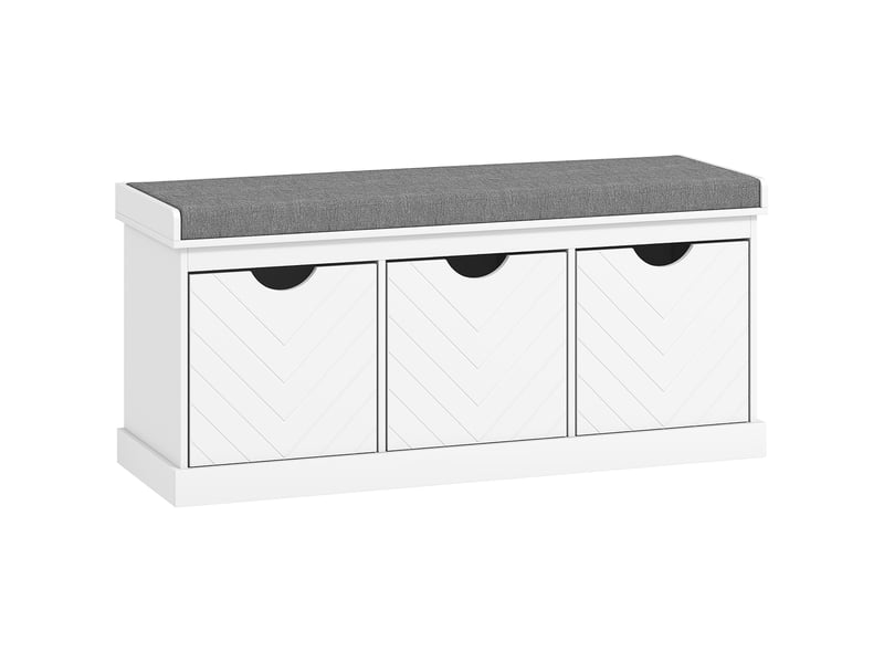  Banc chaussures entrée, banc de rangement avec 3 tiroirs amovibles et coussin rembourré en aspect tissu lin, blanc  - Conforama B