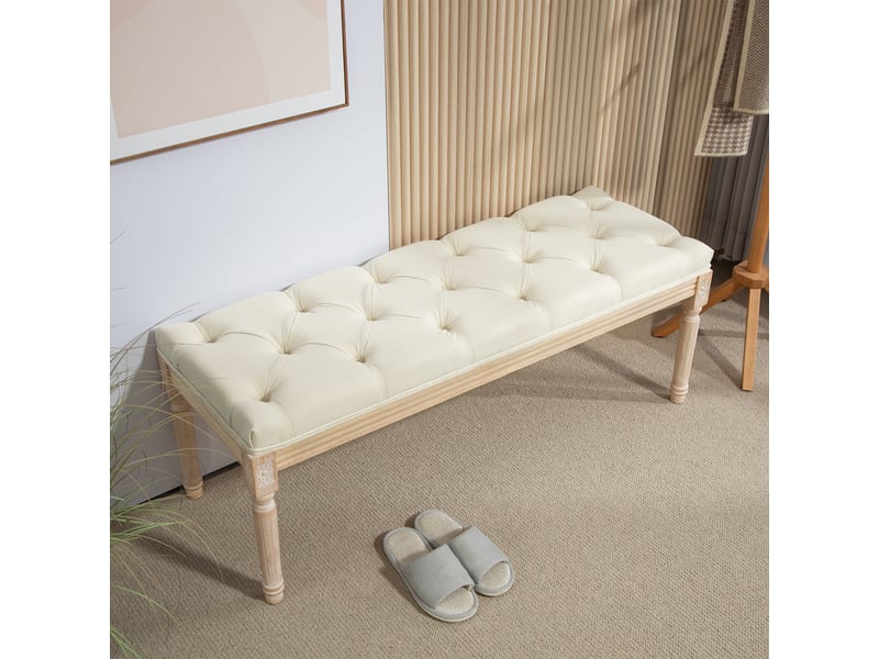 Tabouret capitonné style classique bois sculpté aspect lin beige - Conforama D