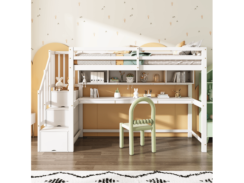 Lit mezzanine enfant 90x200 cm avec escalier de rangement, bureau et étagères blanc  - Conforama D