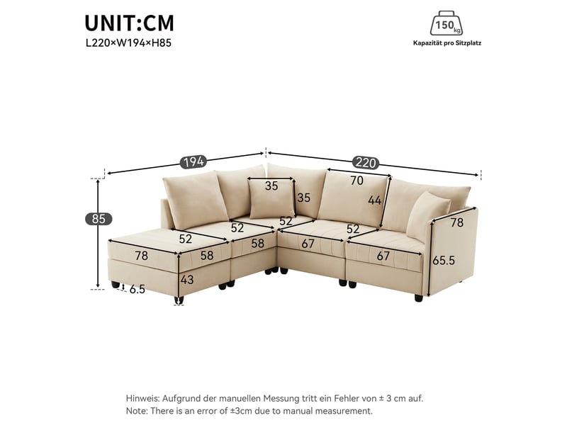  Canapé d'angle modulable 5 places 220x194 cm, configurable en l ou u avec pouf mobile, ressorts ensachés, tissu effet lin beige Radiant Stride - Conforama C