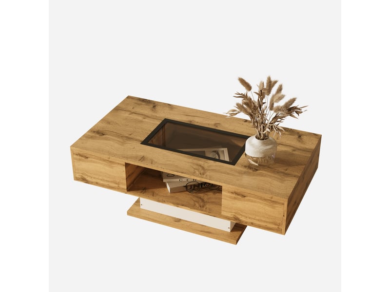  Table basse naturel, 2 tiroirs, rangement, éclairage led, portes vitrées, design moderne, usage quotidien - 110.2x60x39.7cm - salon  - Conforama C