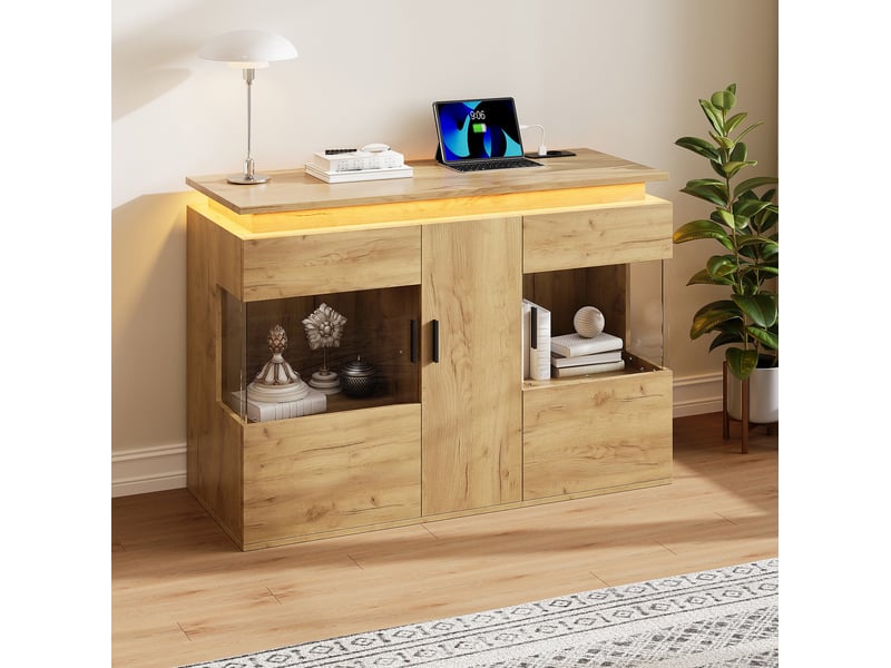  Buffet de cuisine 120 cm avec led 16 couleurs, portes vitrées et station de charge euusbtype-c, meuble bar à café avec rangements, bois et noir OPULERANE TRADING LTD - Conforama B