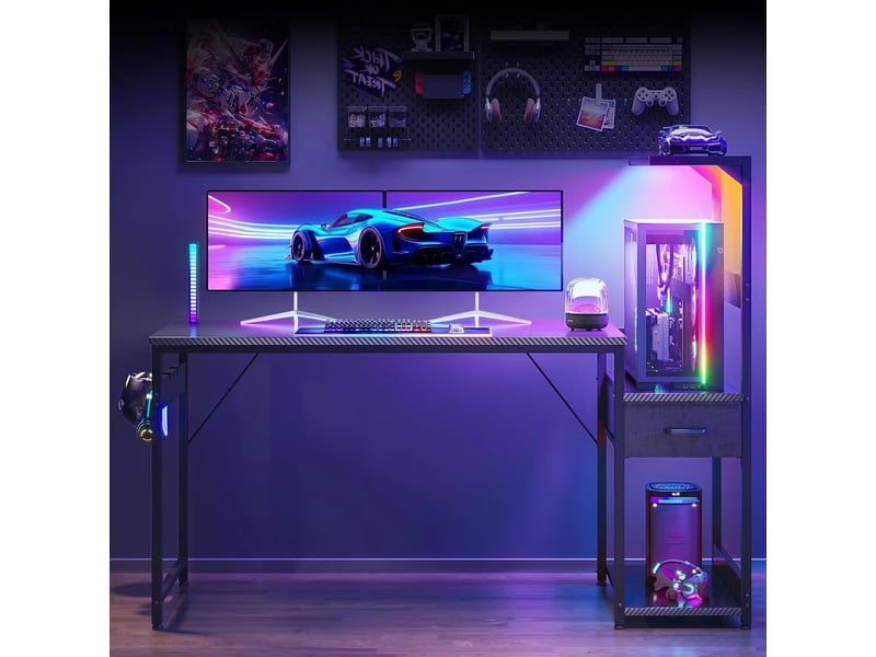  Bureau gaming avec led 138 x 48 cm, table pour pc avec tiroirs et étagère de rangement  - Conforama C