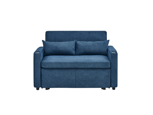 Canapé droit convertible 2 places en tissu bleu marine avec usb, système coulissant, idéal pour petits espaces