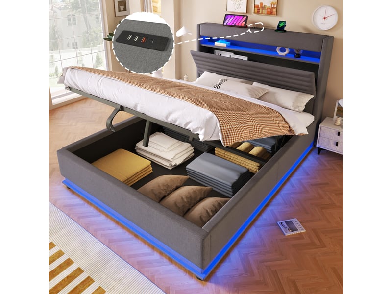 Lit coffre 140x200 cm, lit double, rangement hydraulique, led, lin gris, usb et usb-c - Conforama A