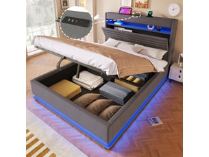 Lit coffre 140x200 cm, lit double, rangement hydraulique, led, lin gris, usb et usb-c