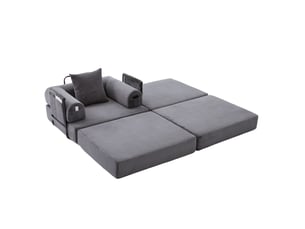 Fauteuil 1 place modulable ulevr en velours côtelé avec pouf, coussin et poche latérale, 190 x 112 x 67 cm, gris foncé