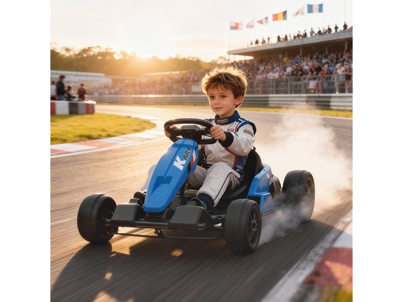  Kart électrique 24 v, mode drift, siège réglable, harnais de sécurité 5 points, fonction musique, 6-12 ans, bleu  - Conforama C