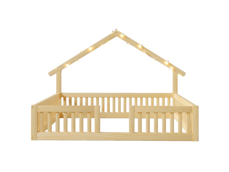  Lit maison 140x200 cm, bois naturel, équipé de guirlande led, de lit au sol et de barrières de sécurité, sans matelas  - Conforama E