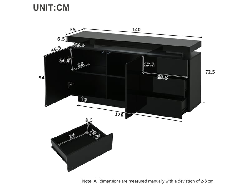  Buffet bas noir brillant avec led, 2 portes et 3 tiroirs - 140 x 35 x 72,5 cm  - Conforama E