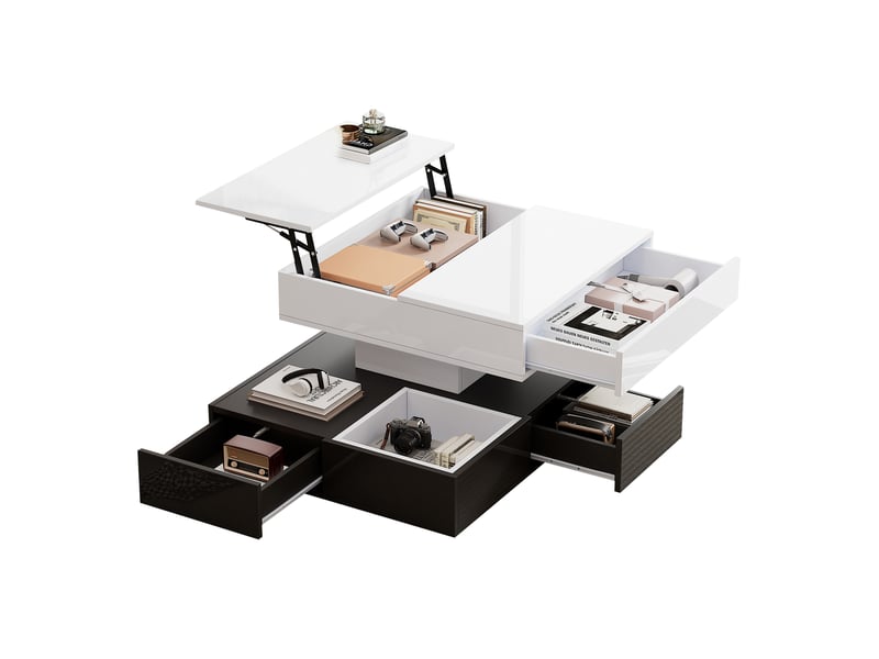  Table basse carrée 70x70 avec plateau relevable, table de salon noir et blanc, rangement caché  - Conforama A