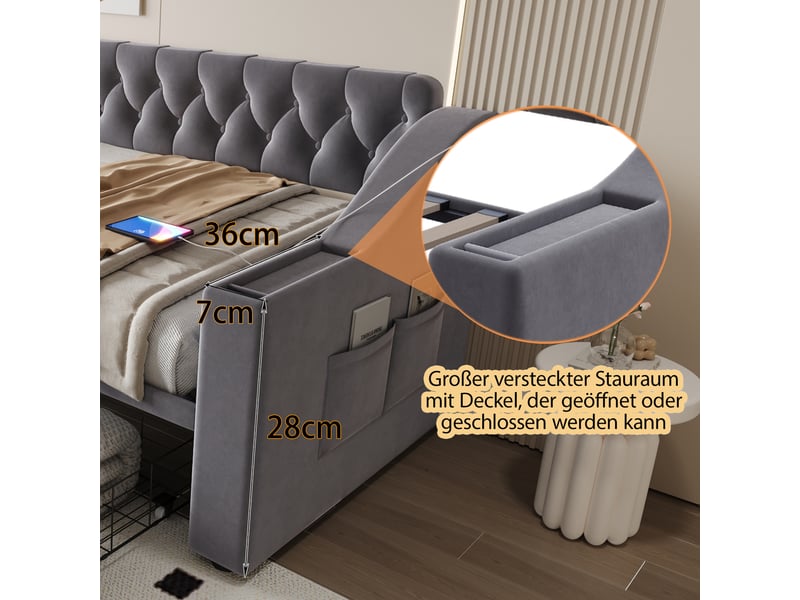  Lit canapé rembourré en velours gris 90x190 cm  - Conforama C