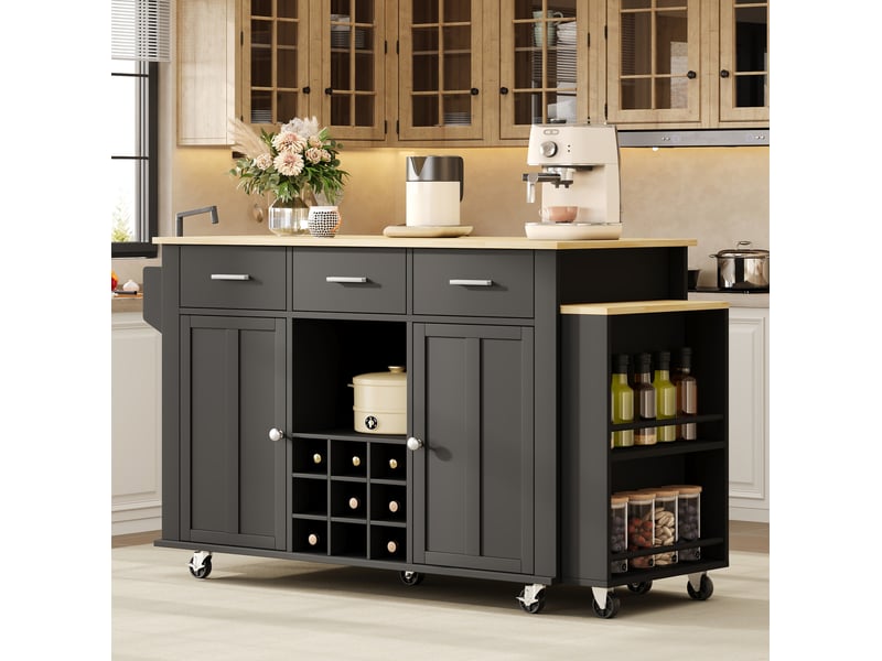  Îlot de cuisine mobile 136-223 x 50 cm, 3 tiroirs, prises usb, noir et chêne  - Conforama B