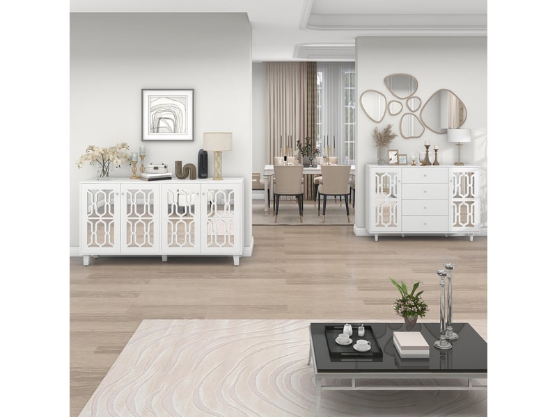  Buffet avec 2 portes, 4 tiroirs et étagères réglables, façade miroir, pour salon, mdf, blanc, 147.5 x 40 x 102 cm  - Conforama D