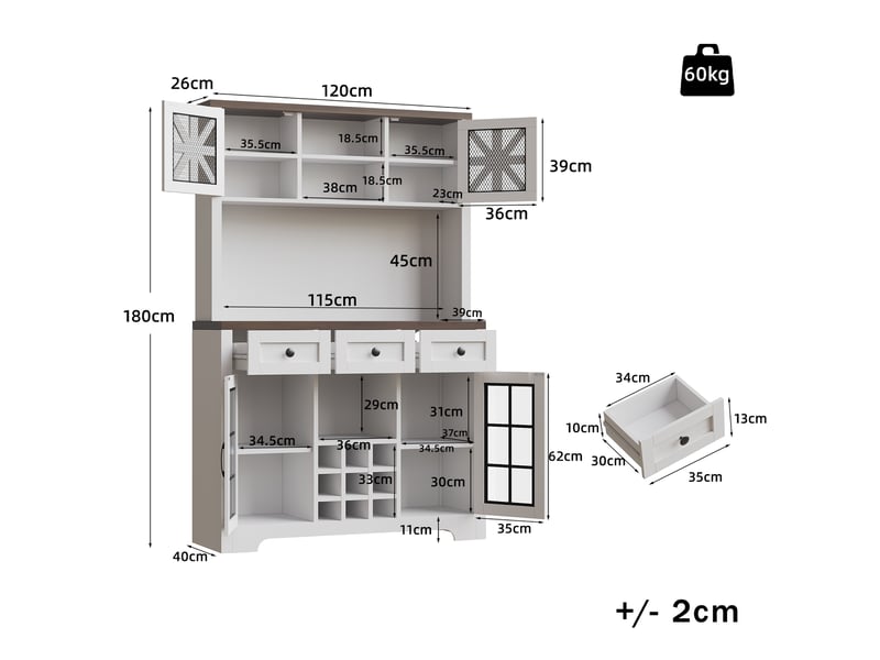  Meuble de cuisine muvano, buffet haut blanc avec éclairage led, 120 x 40 x 180 cm  - Conforama W