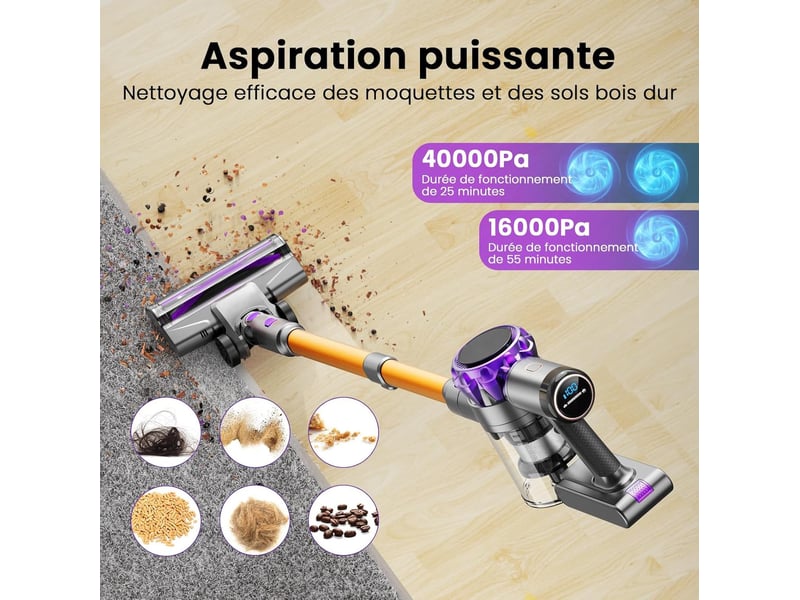  Aspirateur balai sans fil 300 w 40000 pa – violet et doré – 6 en 1 avec brosse led et filtre h10  - Conforama C