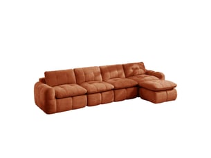 Canapé modulable sans cadre en l 4 places orange, chenille, capitonnage quadrillé, assise profonde, avec 1 pouf, sans montage